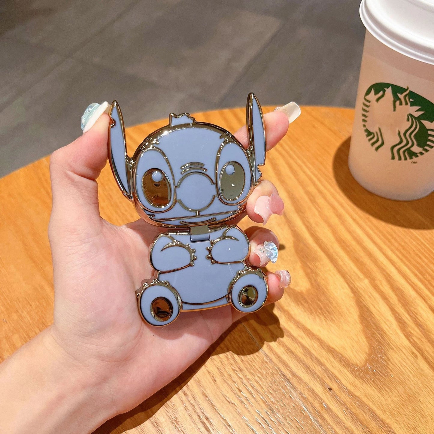 Disney Lilo & Stitch Mobile Phone Holder Cartoon Portable Makeup Mirror Metal Rotatable Foldable Phone Holder Girl Gift - GOGLOBALL