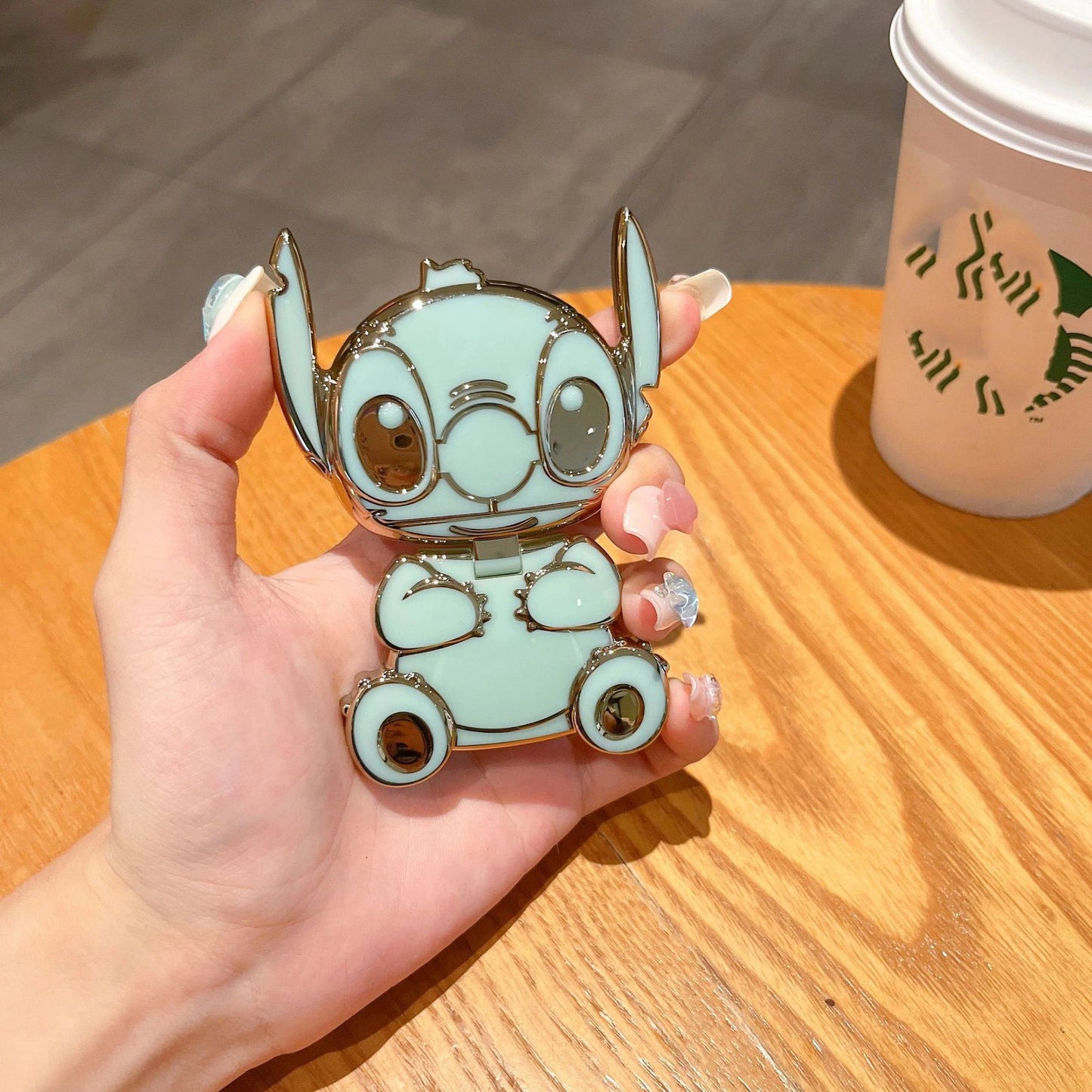 Disney Lilo & Stitch Mobile Phone Holder Cartoon Portable Makeup Mirror Metal Rotatable Foldable Phone Holder Girl Gift - GOGLOBALL