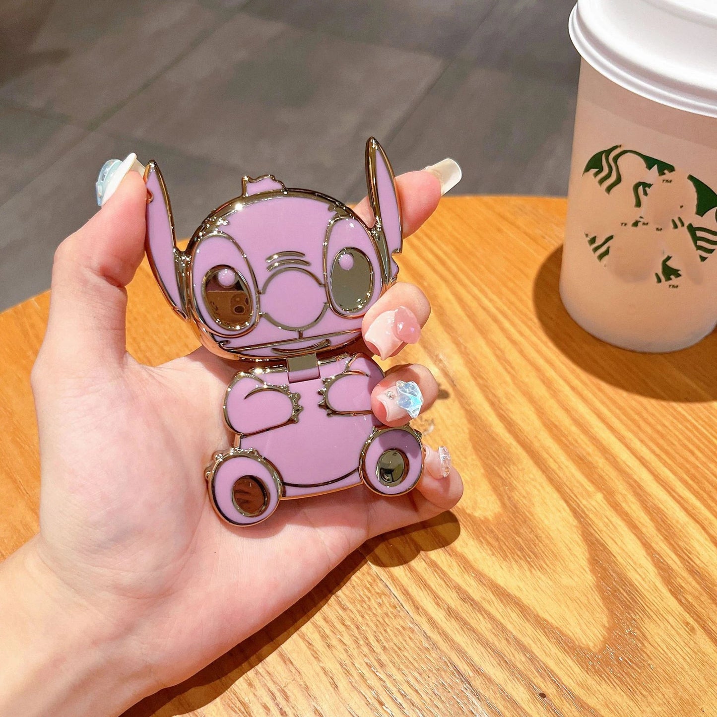 Disney Lilo & Stitch Mobile Phone Holder Cartoon Portable Makeup Mirror Metal Rotatable Foldable Phone Holder Girl Gift - GOGLOBALL