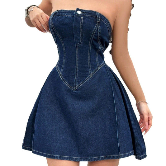 Women's Summer Off - shoulder Low Collar Sexy Fishbone Waist Tight Denim Dress Strapless Sexy Dress - GOGLOBALL