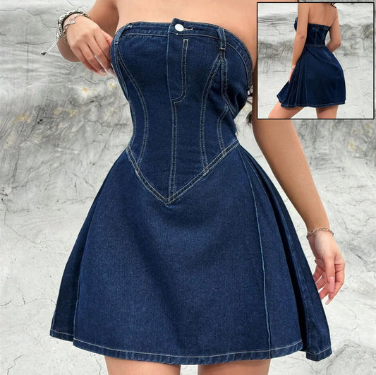 Women's Summer Off - shoulder Low Collar Sexy Fishbone Waist Tight Denim Dress Strapless Sexy Dress - GOGLOBALL